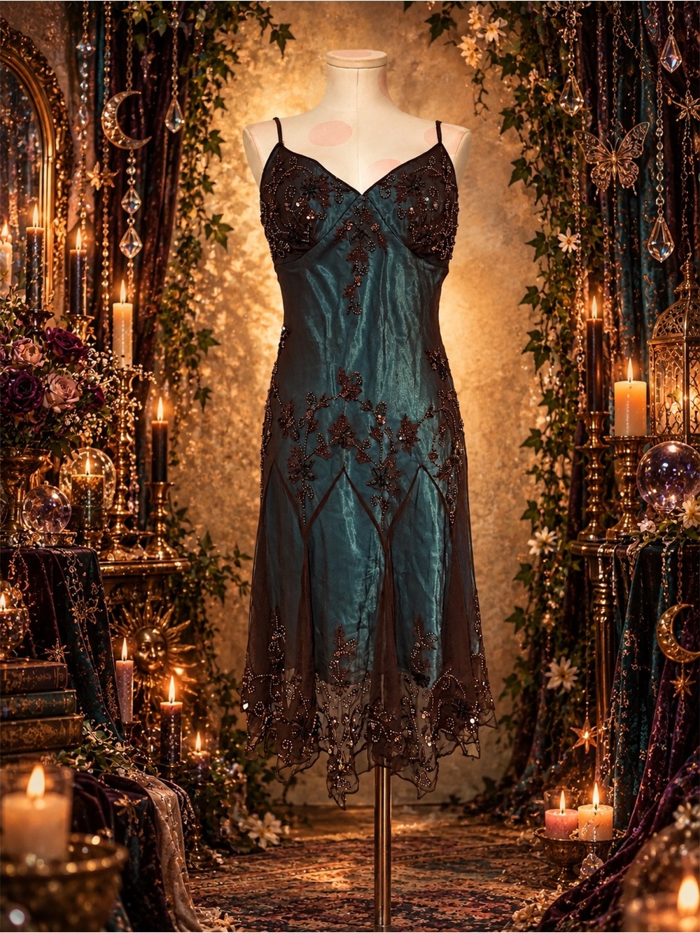 Papell Boutique Vintage Teal & Chocolate Brown Beaded Fairy Dress Sz 12